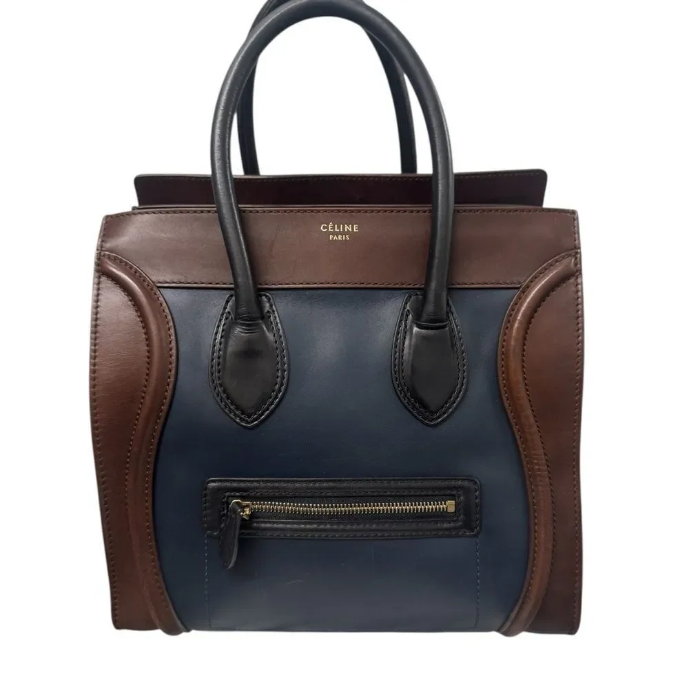Celine Tricolor Navy Blue Brown & Black Mini Luggage Tote Bag Auth